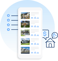 Property listings on a mobile device with two icons representing listing data against a blue circle in the background