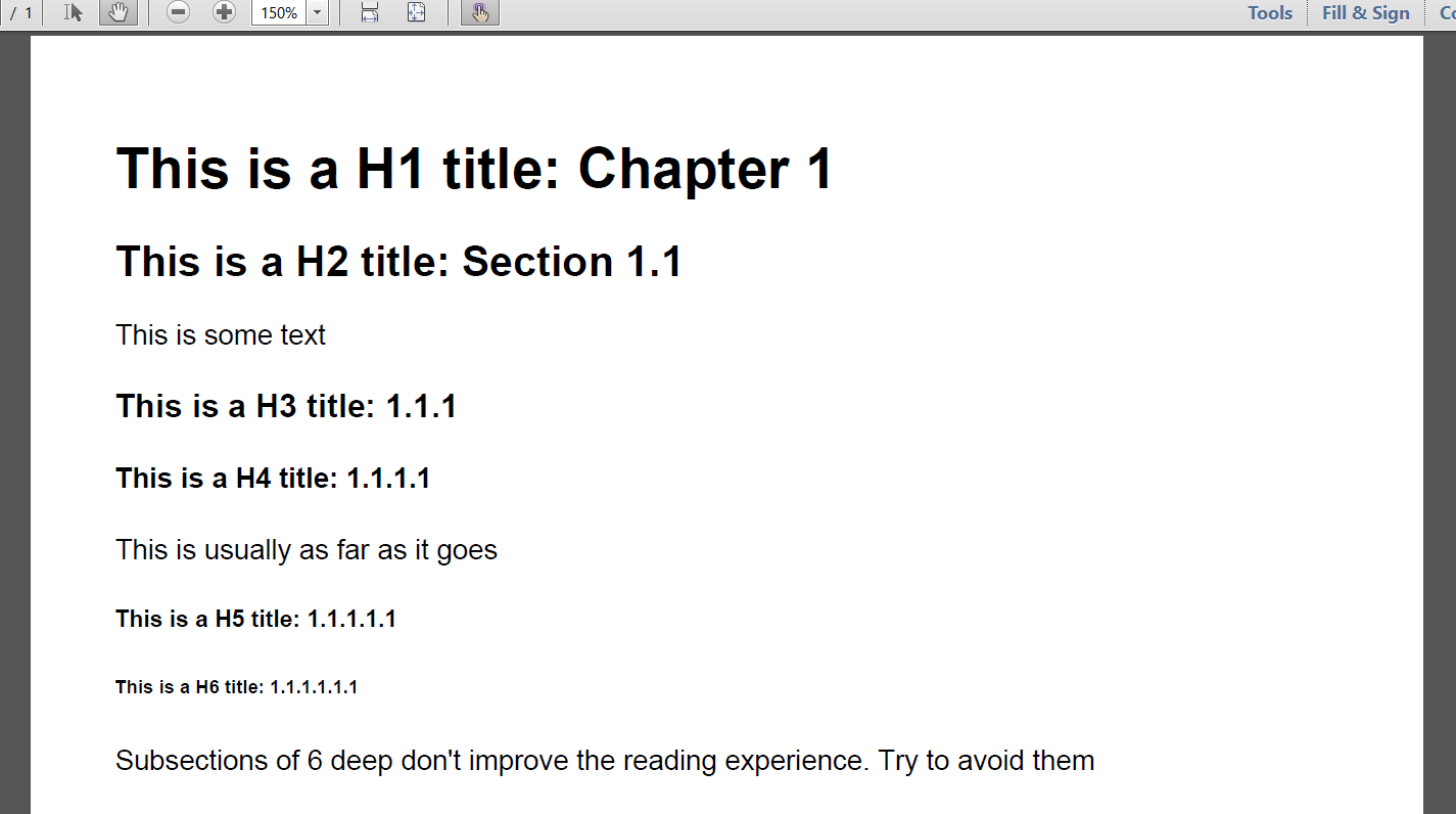 A screenshot of a document showing an example of H1, H2, H3, etc. headings for search engine optimization