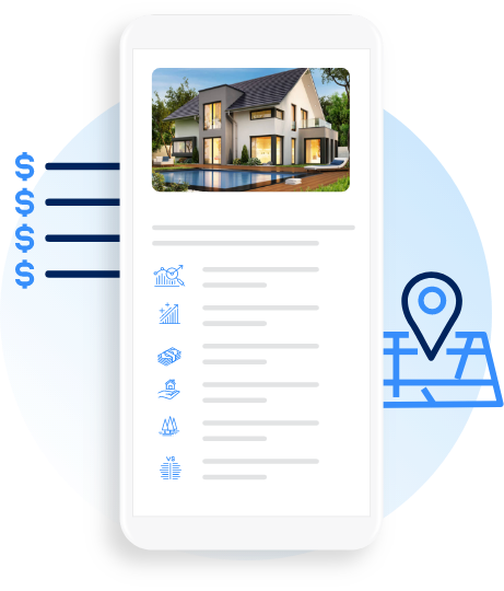 An illustration of a generic property listing on a mobile device, with icons representing different kinds of property data and a  beautiful picture o a house with a pool